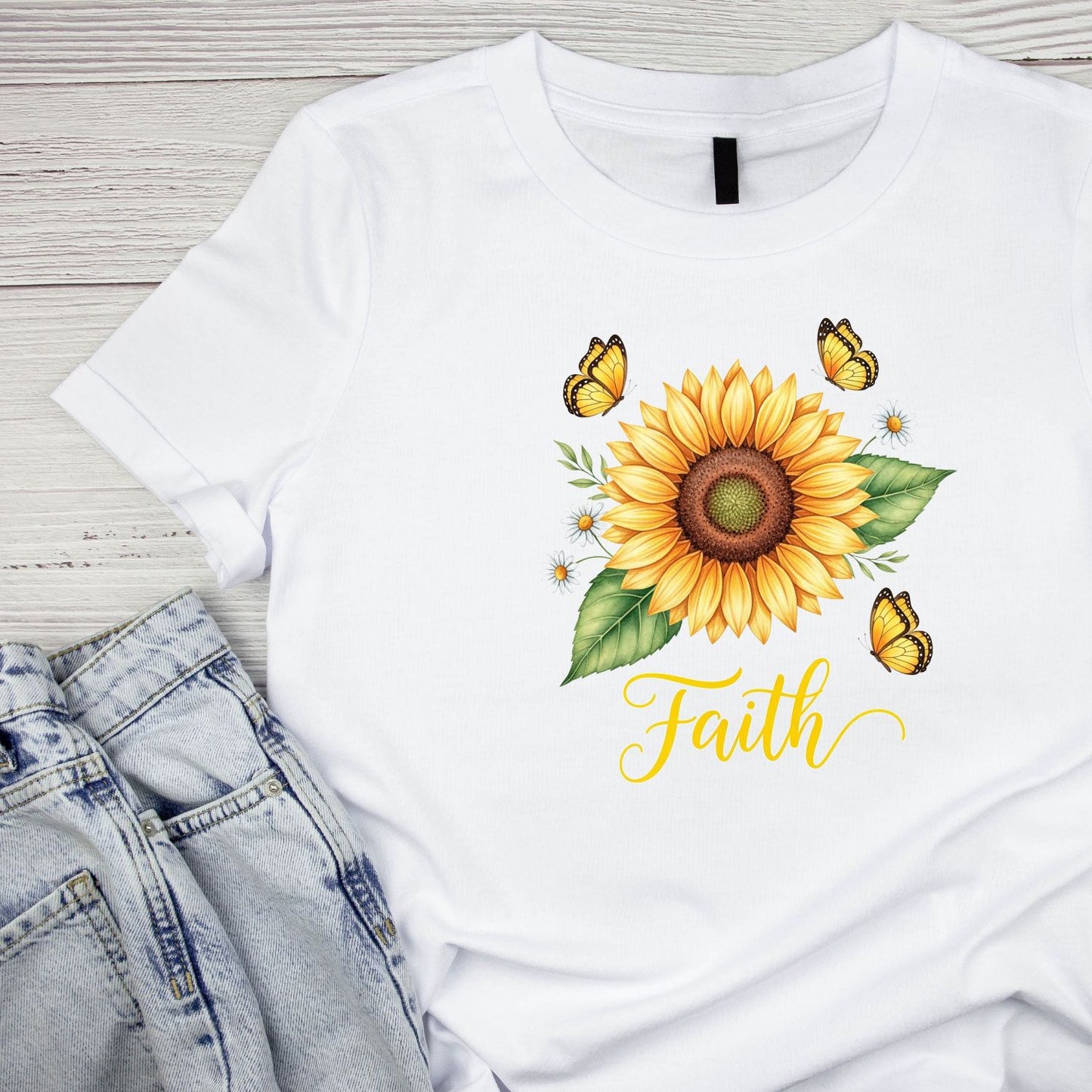 Faith Sunflowers Butterfly T-Shirt | Faith Graphic Tee | Jesus God Shirt