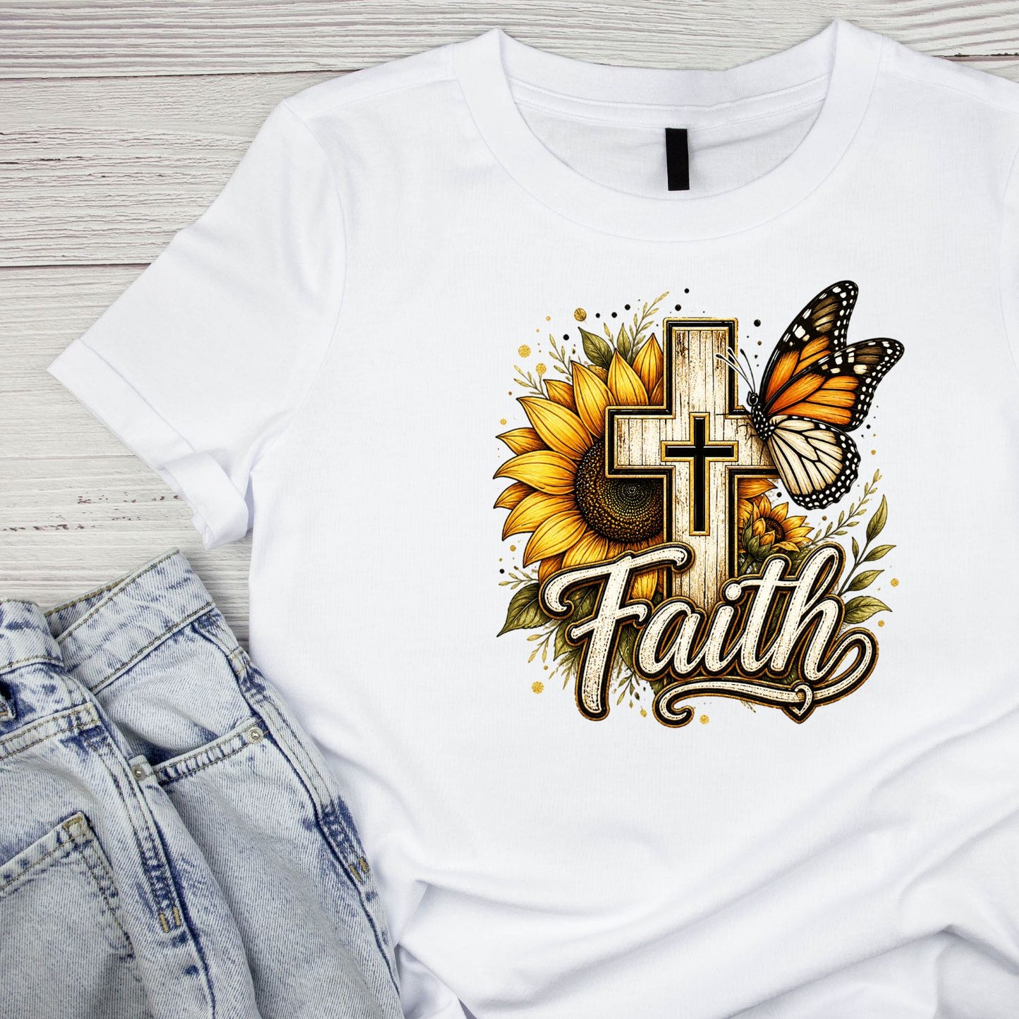 Faith Sunflower Monarch Butterfly T-Shirt | Faith Graphic Tee | Jesus God Shirt