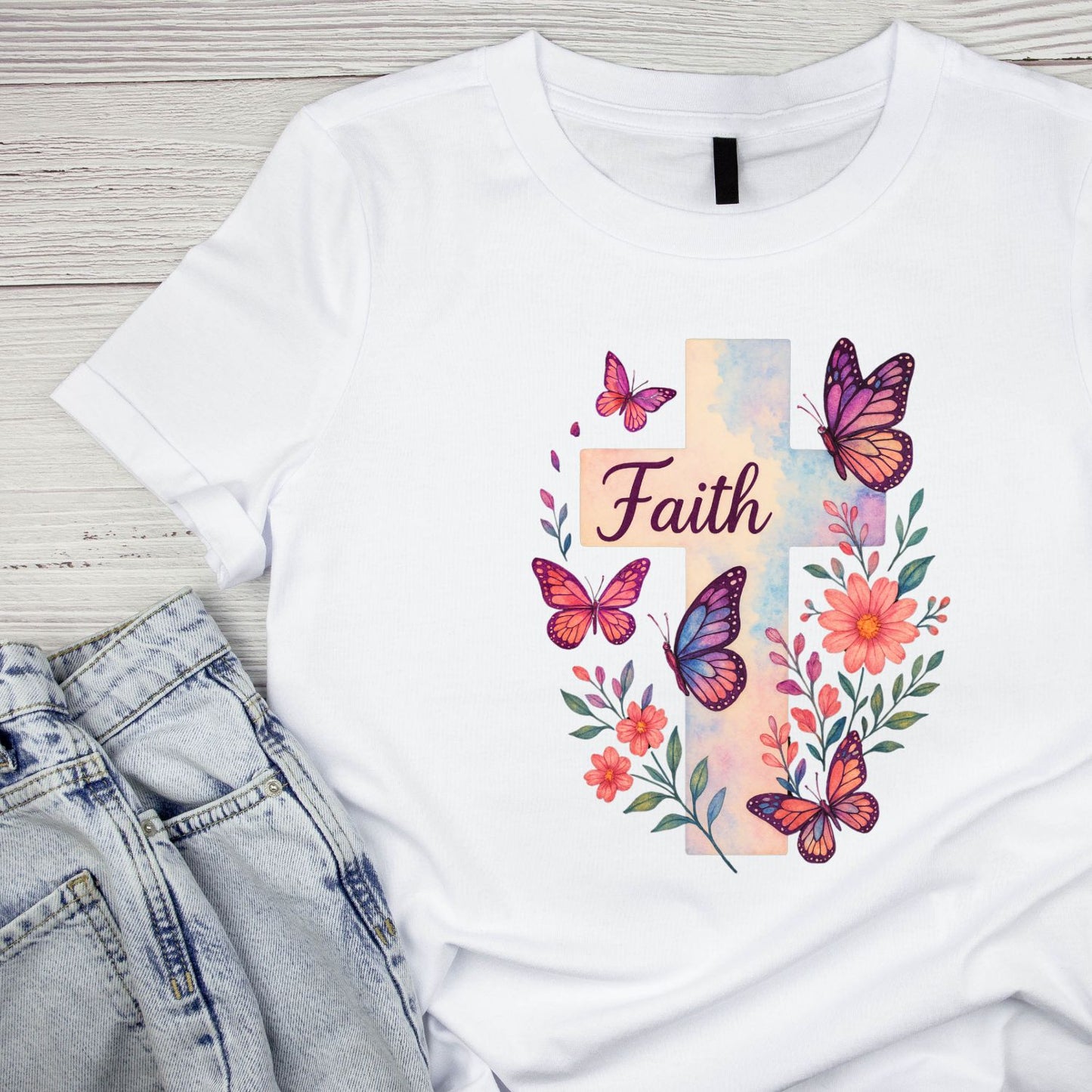 Faith Cross Butterflies T-Shirt | Faith Graphic Tee | Jesus God Shirt