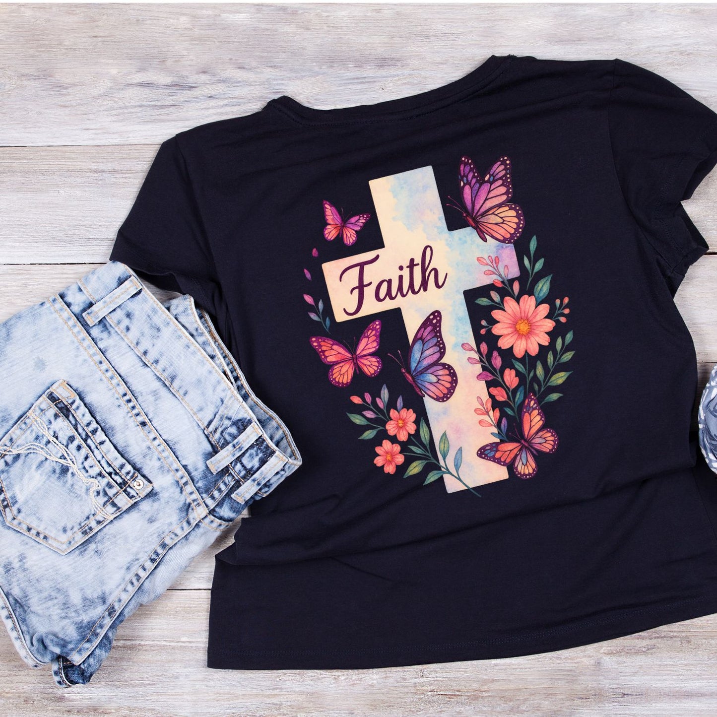 Faith Cross Butterflies T-Shirt | Faith Graphic Tee | Jesus God Shirt