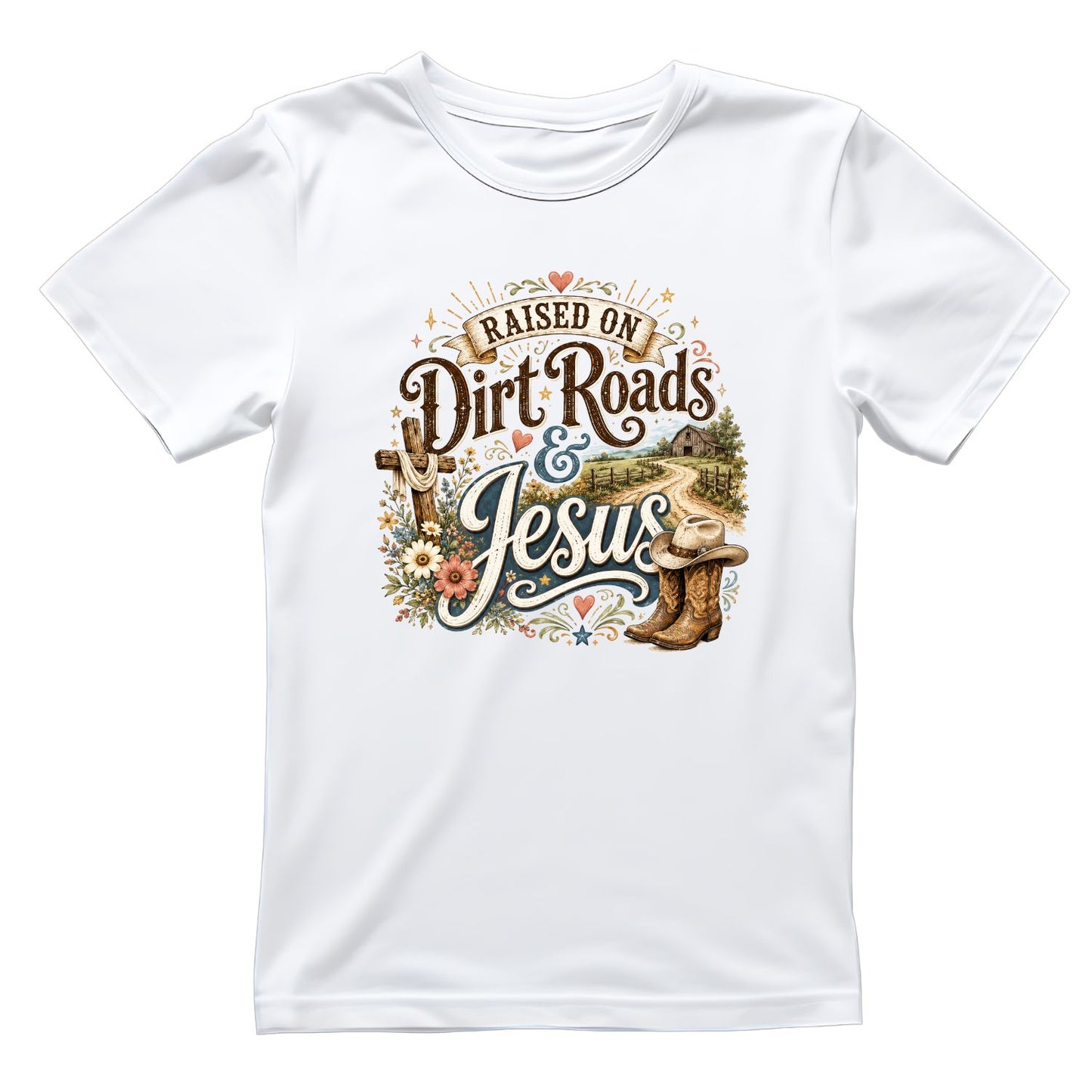 Raised on Dirt Roads & Jesus T-Shirt | Faith Graphic Tee | Jesus God Shirt