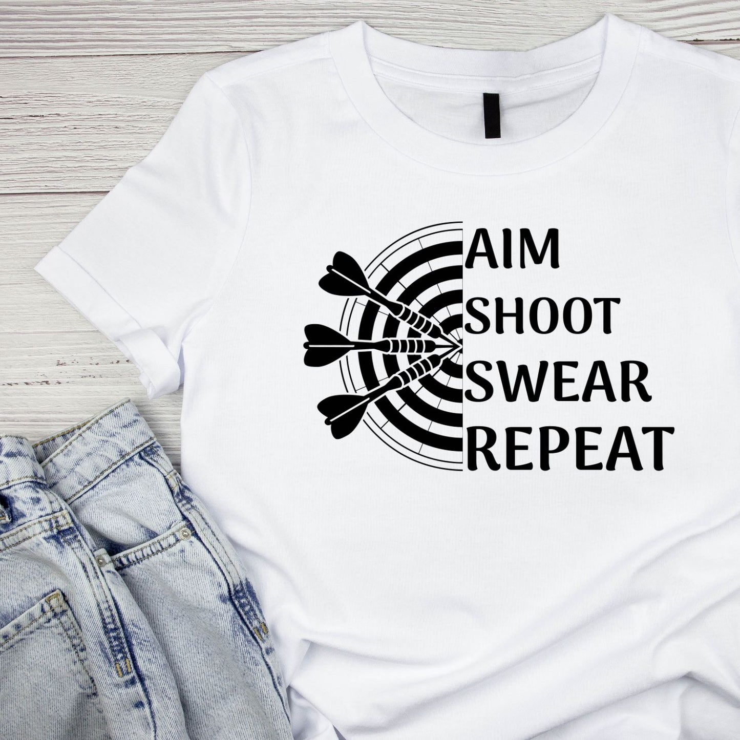 Aim Shoot Swear Repeat T-Shirt | Darts Graphic Tee | Sports Shirt