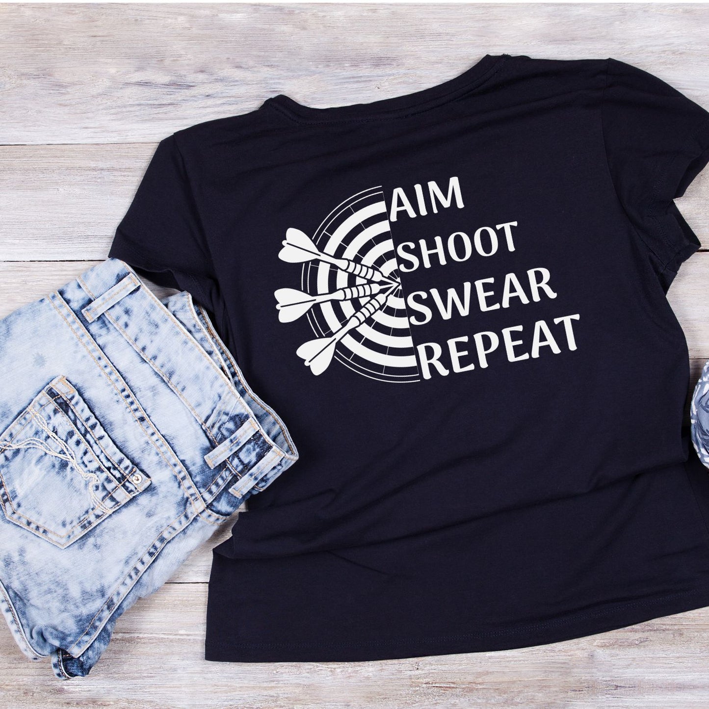 Aim Shoot Swear Repeat T-Shirt | Darts Graphic Tee | Sports Shirt