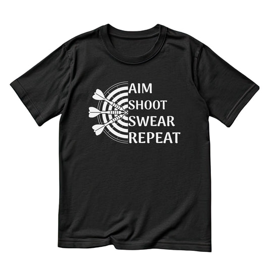Aim Shoot Swear Repeat T-Shirt | Darts Graphic Tee | Sports Shirt