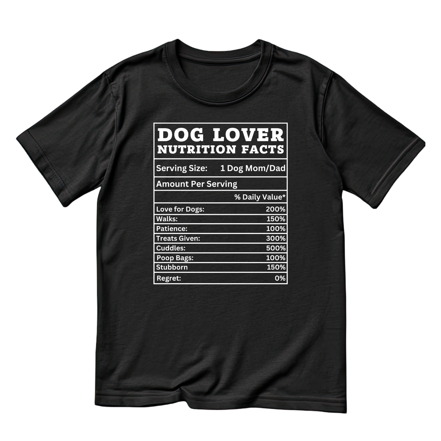 Dog Lover Nutrition Facts Sheet T-shirt | Sarcasm Funny | Graphic Tee | Printed Shirt | Animal Lover